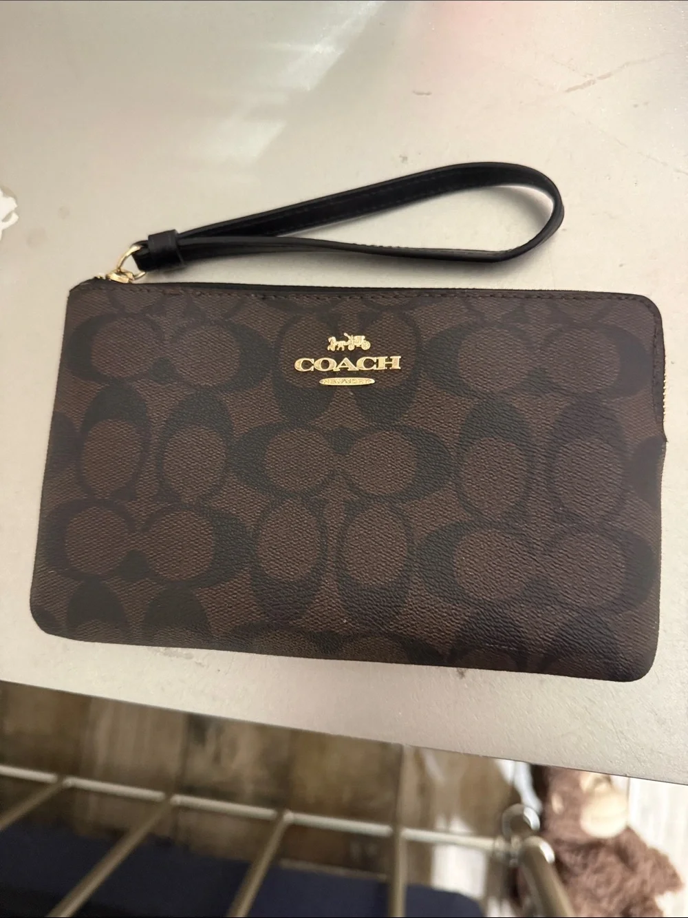 Coach Brown/Black Signature Canvas Wristlet with Gold Logo